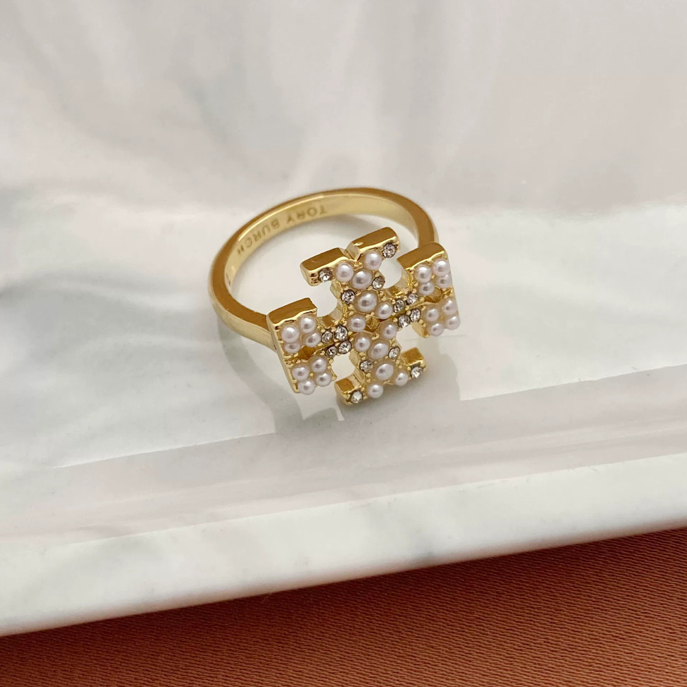 Tory Burch Rhinestone Faux Pearl Letter Ring Metal Band